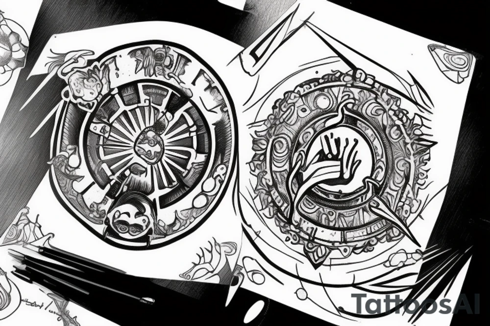 The virtuvian man circle with luffy from enies lobby in the middle tattoo idea