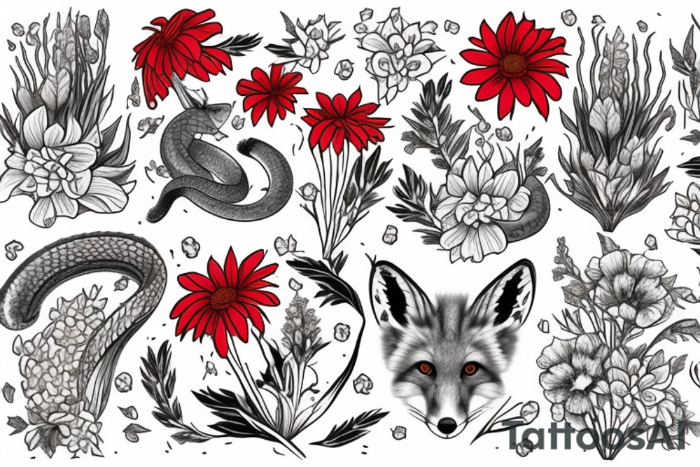 Red fox and 2 snakes surrounded by chrysanthemum, gladiolus, larkspur, and morning glory flower. tattoo idea