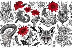 Red fox and 2 snakes surrounded by chrysanthemum, gladiolus, larkspur, and morning glory flower. tattoo idea