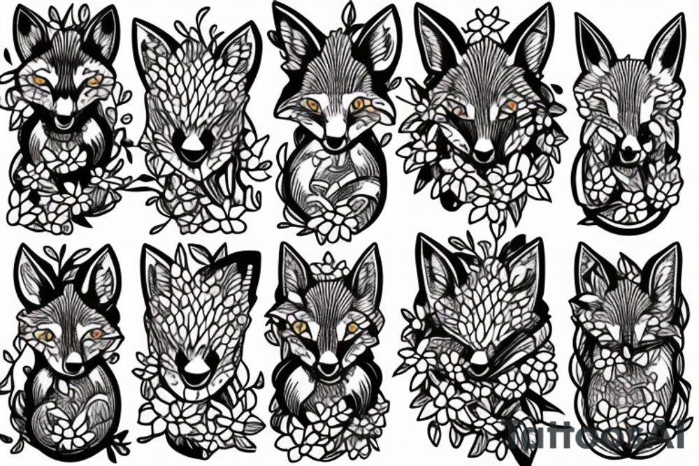 Red fox and 2 snakes surrounded by chrysanthemum, gladiolus, larkspur, and morning glory flower. tattoo idea