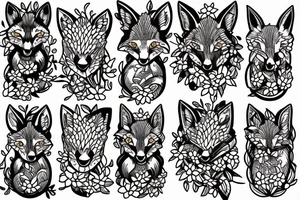 Red fox and 2 snakes surrounded by chrysanthemum, gladiolus, larkspur, and morning glory flower. tattoo idea