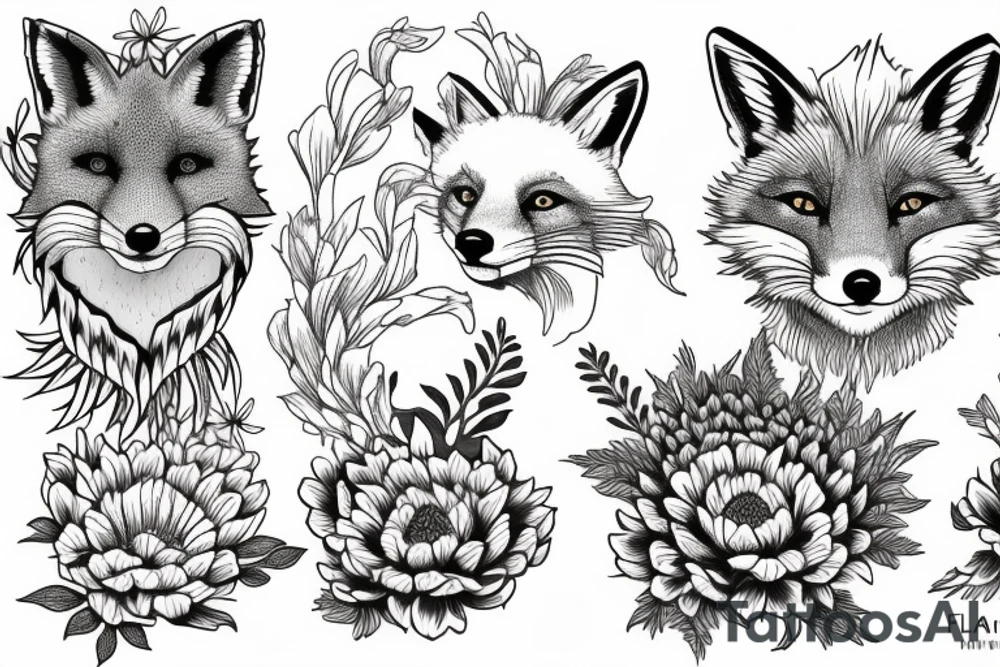 Red fox and 2 snakes surrounded by chrysanthemum, gladiolus, larkspur, and morning glory flower. tattoo idea