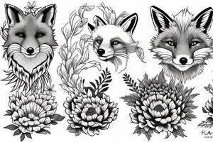 Red fox and 2 snakes surrounded by chrysanthemum, gladiolus, larkspur, and morning glory flower. tattoo idea