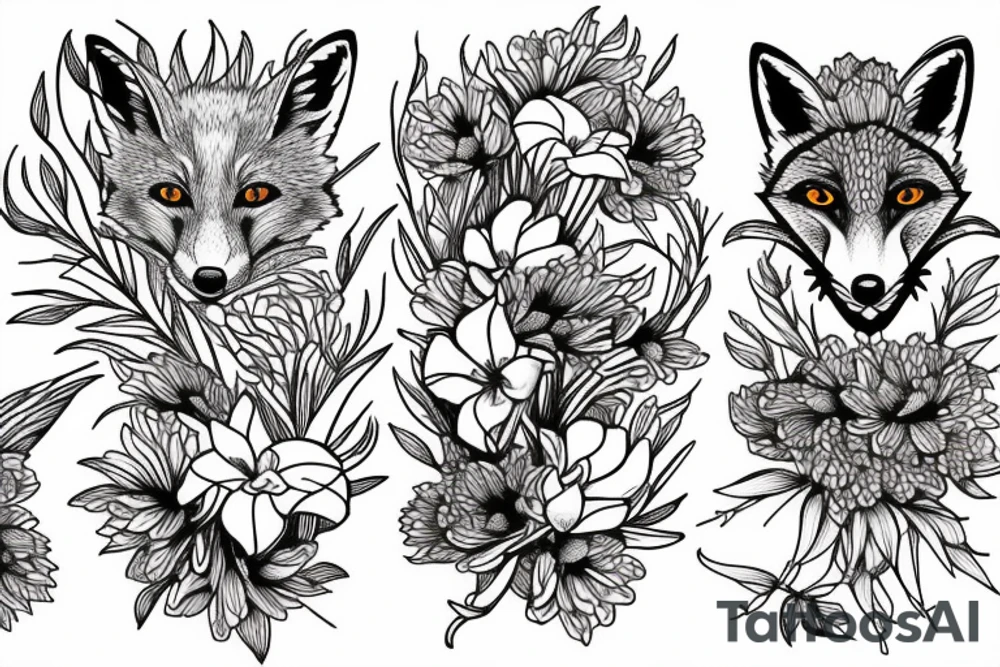 Red fox and 2 snakes surrounded by chrysanthemum, gladiolus, larkspur, and morning glory flower. tattoo idea
