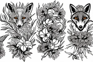 Red fox and 2 snakes surrounded by chrysanthemum, gladiolus, larkspur, and morning glory flower. tattoo idea