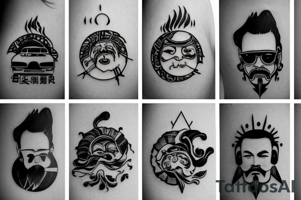Chinese desing, inspires by music, a mountain Road where the sun is a disc tattoo idea