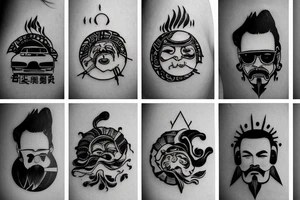Chinese desing, inspires by music, a mountain Road where the sun is a disc tattoo idea