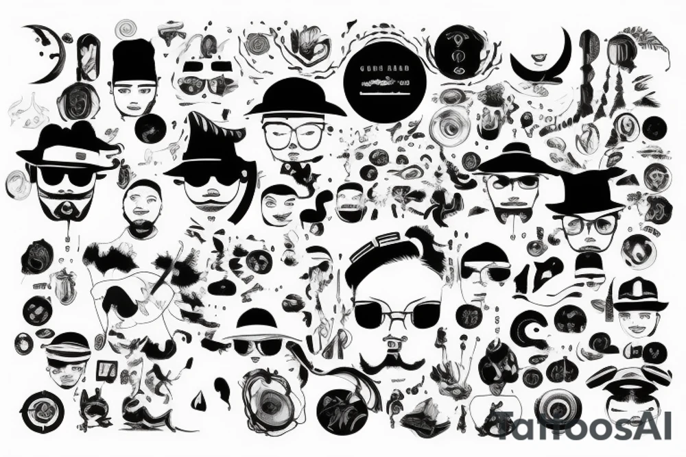 Chinese desing, inspires by music, a mountain Road where the sun is a disc tattoo idea