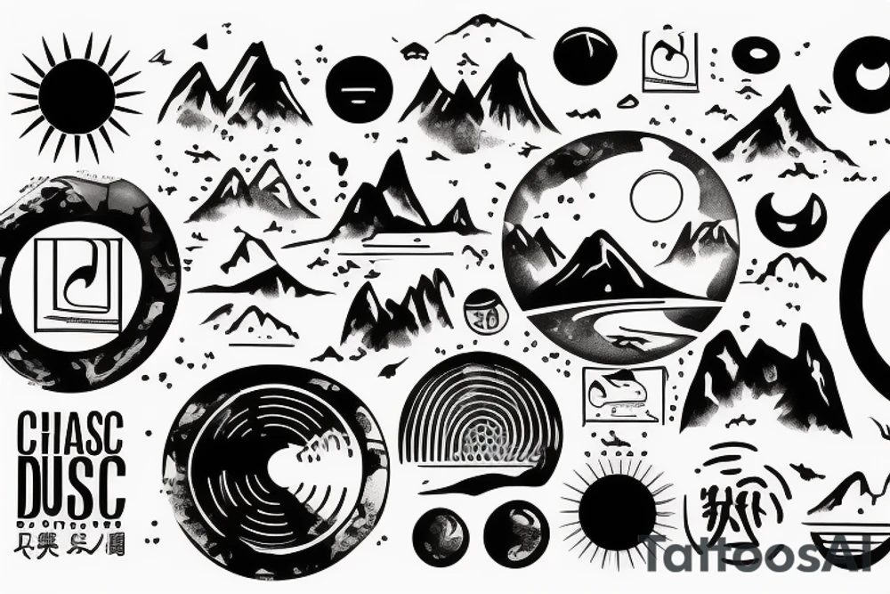 Chinese desing, inspires by music, a mountain Road where the sun is a disc tattoo idea