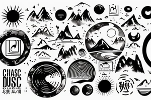 Chinese desing, inspires by music, a mountain Road where the sun is a disc tattoo idea