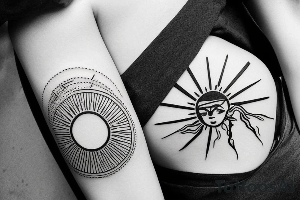 Chinese desing, inspires by music, a mountain Road where the sun is a disc tattoo idea