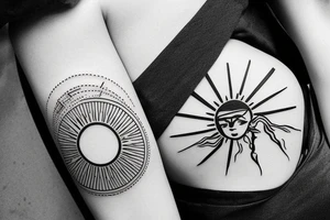 Chinese desing, inspires by music, a mountain Road where the sun is a disc tattoo idea