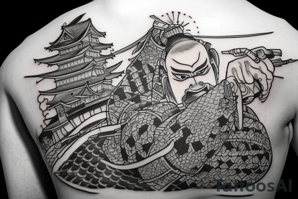 Samurai with Japanese castle tattoo idea