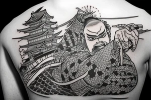 Samurai with Japanese castle tattoo idea