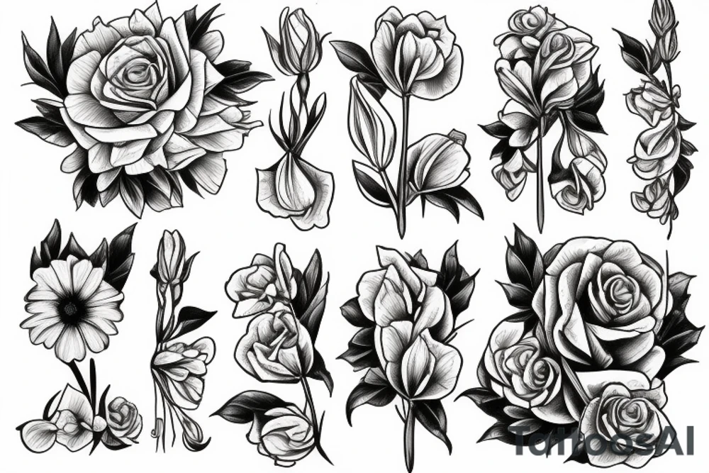 Rose, carnation, snow drop, daisy and gladiolus tattoo idea