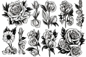 Rose, carnation, snow drop, daisy and gladiolus tattoo idea