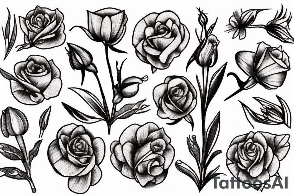 Rose, carnation, snow drop, daisy and gladiolus tattoo idea