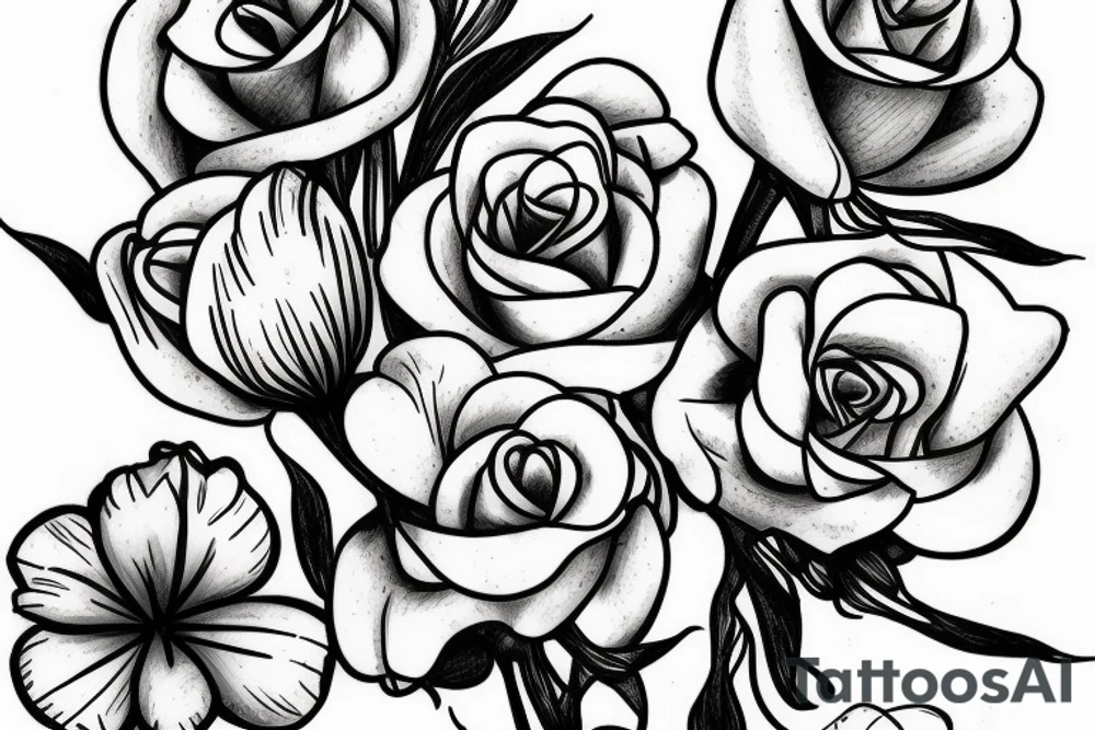 Rose, carnation, snow drop, daisy and gladiolus bouquet tattoo idea