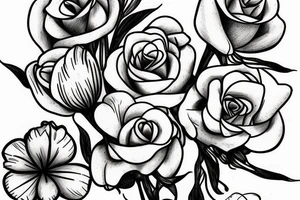 Rose, carnation, snow drop, daisy and gladiolus bouquet tattoo idea