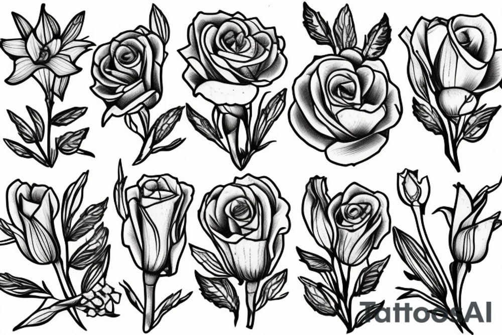 Rose, carnation, snow drop, daisy and gladiolus bouquet tattoo idea