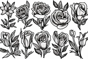 Rose, carnation, snow drop, daisy and gladiolus bouquet tattoo idea