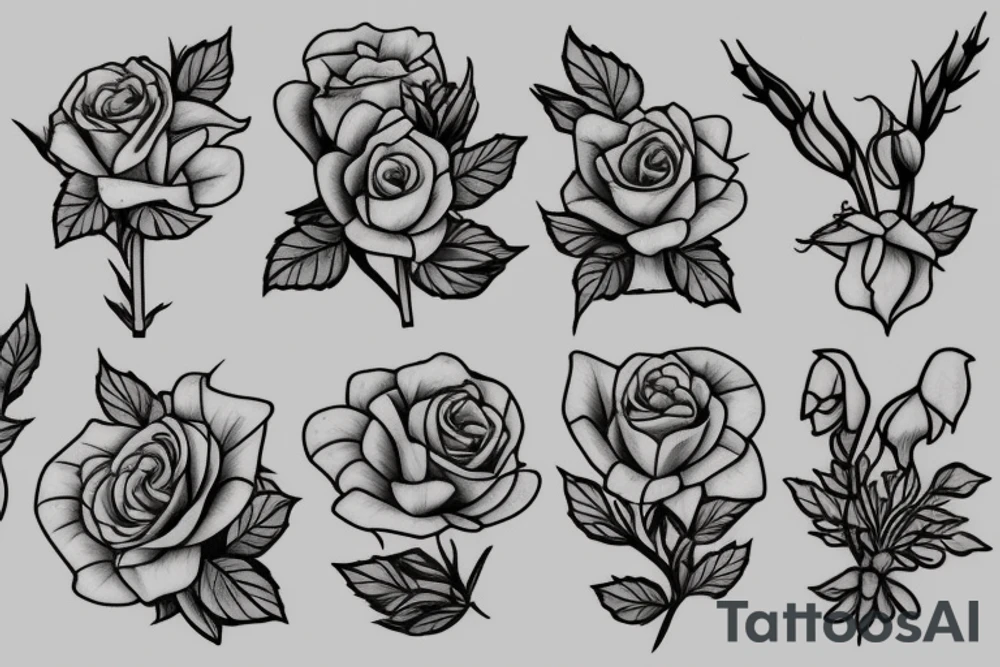 Rose, carnation, snow drop, daisy and gladiolus bouquet tattoo idea
