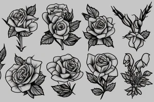 Rose, carnation, snow drop, daisy and gladiolus bouquet tattoo idea