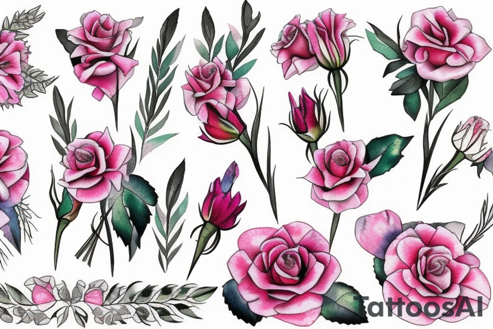 Rose, carnation, snow drop, daisy and gladiolus bouquet tattoo idea