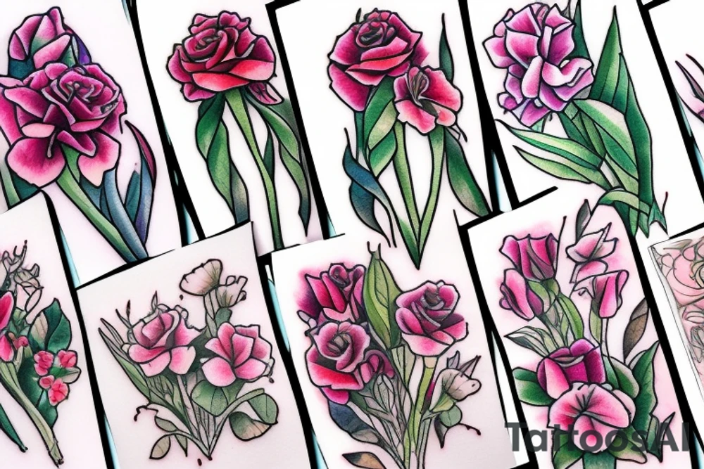 Rose, carnation, snow drop, daisy and gladiolus bouquet tattoo idea