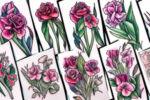 Rose, carnation, snow drop, daisy and gladiolus bouquet tattoo idea