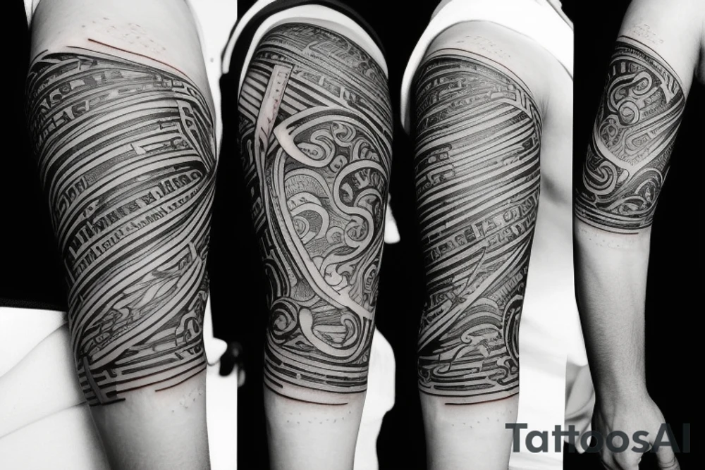 shaded sun and sun rays on upper arm with 7 lines of writing tattoo idea