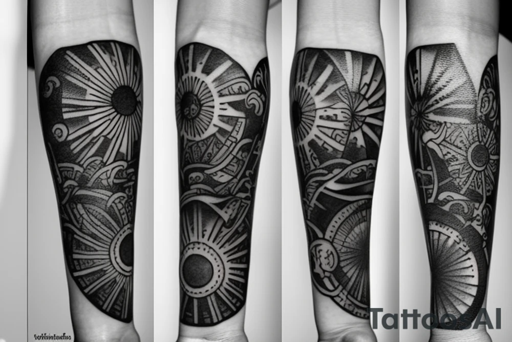 shaded sun and sun rays on upper arm with 7 lines of writing tattoo idea
