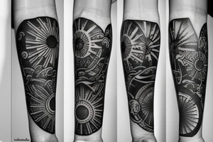 shaded sun and sun rays on upper arm with 7 lines of writing tattoo idea