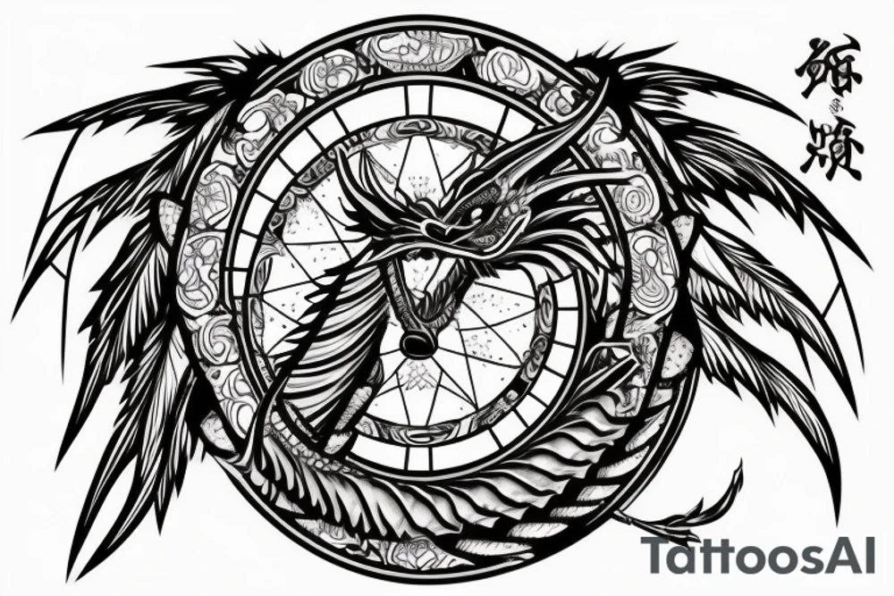 A Japanese-style dragon with a cross on its forehead, with a dreamcatcher hanging from the dragon's tail. tattoo idea