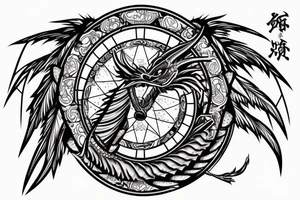 A Japanese-style dragon with a cross on its forehead, with a dreamcatcher hanging from the dragon's tail. tattoo idea