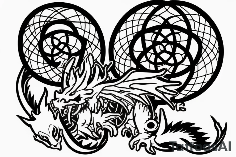 A Japanese-style dragon with a cross on its forehead, with a dreamcatcher hanging from the dragon's tail. tattoo idea