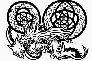 A Japanese-style dragon with a cross on its forehead, with a dreamcatcher hanging from the dragon's tail. tattoo idea