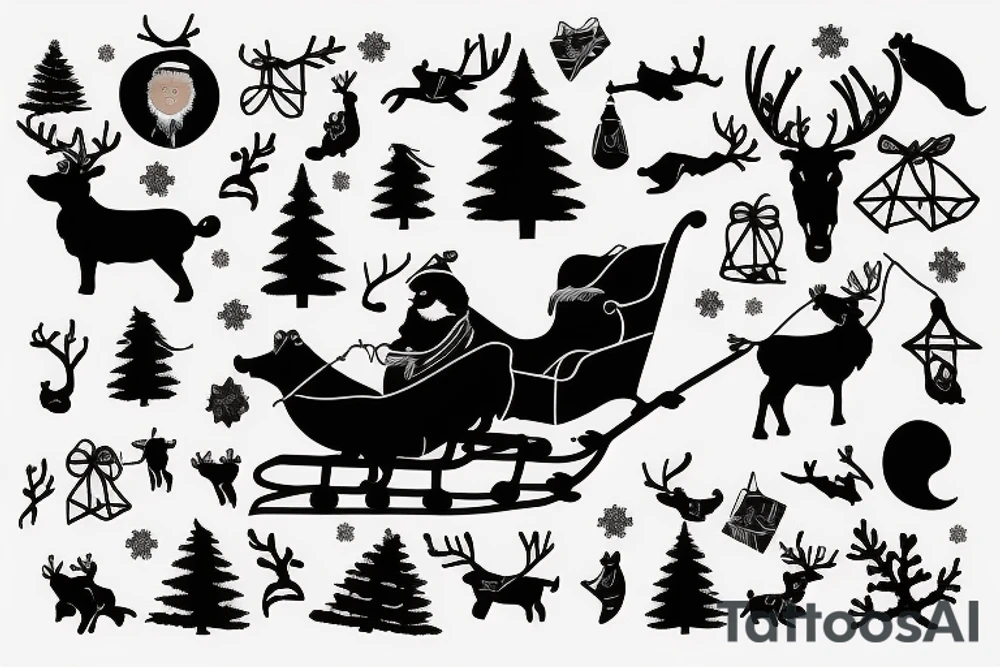 santa on a sleigh pulled by reindeer silhouette shaded with snow coming from underneath tattoo idea