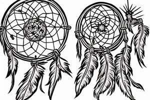 A dreamcatcher with a cross in the center, and a Japanese-style dragon weaving in and out of the strings of the dreamcatcher. tattoo idea