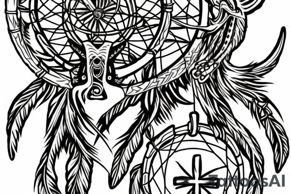 A dreamcatcher with a cross in the center, and a Japanese-style dragon weaving in and out of the strings of the dreamcatcher. tattoo idea