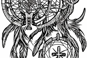A dreamcatcher with a cross in the center, and a Japanese-style dragon weaving in and out of the strings of the dreamcatcher. tattoo idea