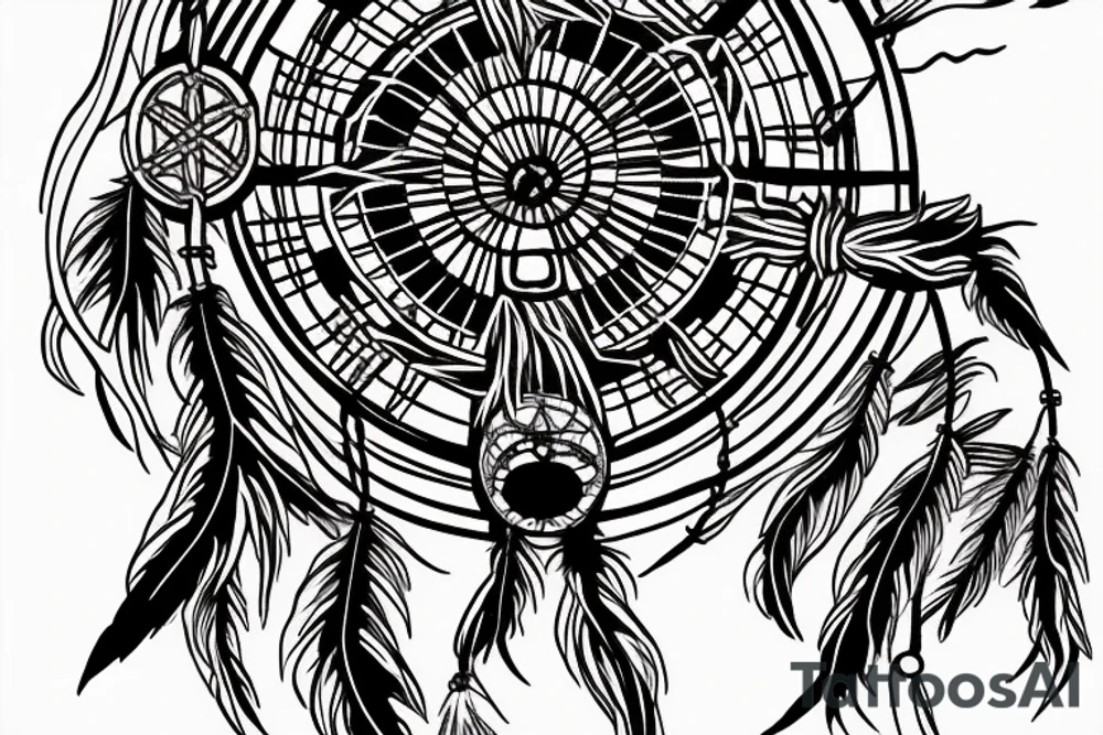 A dreamcatcher with a cross in the center, and a Japanese-style dragon weaving in and out of the strings of the dreamcatcher. tattoo idea