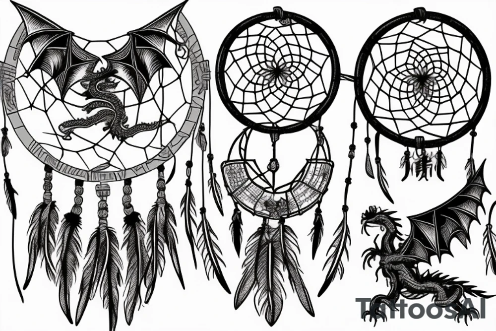 A dreamcatcher with a cross in the center, and a Japanese-style dragon weaving in and out of the strings of the dreamcatcher. tattoo idea