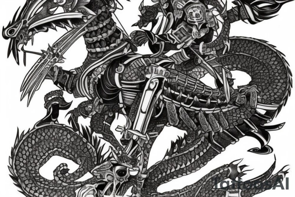 A tattoo that shows a skeleton samurai warrior with a full suit of armor, locked in battle with a wingless japanese dragon. The armor could be highly detailed, with intricate engravings and designs, and the dragon could be depicted with piercing eyes and sharp claws. tattoo idea
