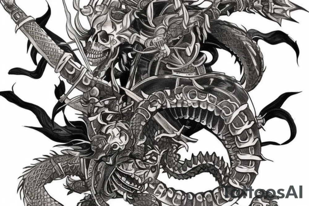 A tattoo that shows a skeleton samurai warrior with a full suit of armor, locked in battle with a wingless japanese dragon. The armor could be highly detailed, with intricate engravings and designs, and the dragon could be depicted with piercing eyes and sharp claws. tattoo idea