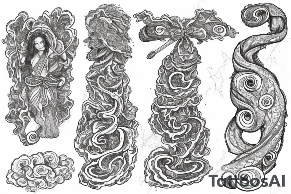 Goddess wearing a toga of swirling clouds, carrying a large intricate bow and quiver tattoo idea