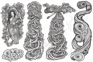 Goddess wearing a toga of swirling clouds, carrying a large intricate bow and quiver tattoo idea