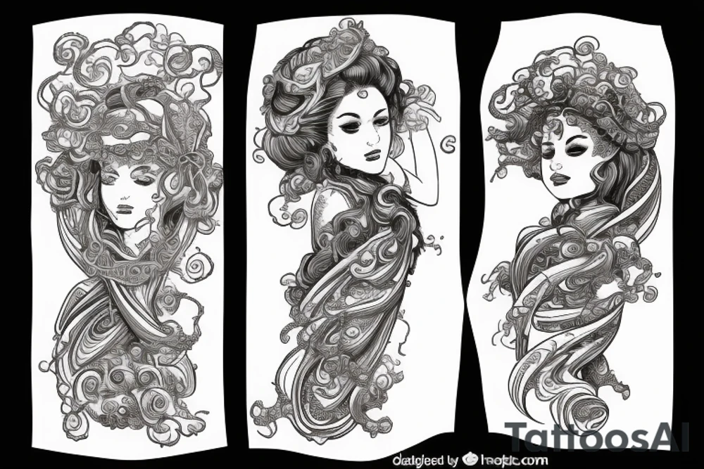 Goddess wearing a toga of swirling clouds, carrying a large intricate bow and quiver tattoo idea