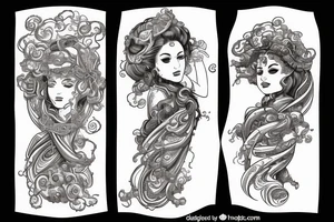 Goddess wearing a toga of swirling clouds, carrying a large intricate bow and quiver tattoo idea