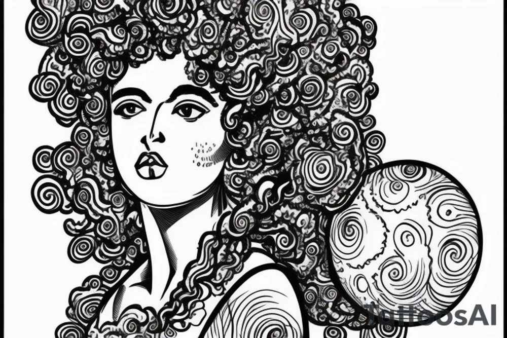 Full body greek goddess with a beaut tint Afro and swirling planets around her head. She is wearing a toga of swirling clouds, carrying a large intricate bow and quiver tattoo idea